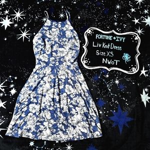 Fortune + Ivy: Liv Knit Blue & White Floral Pattern Mini Dress, Size XS, NWoT